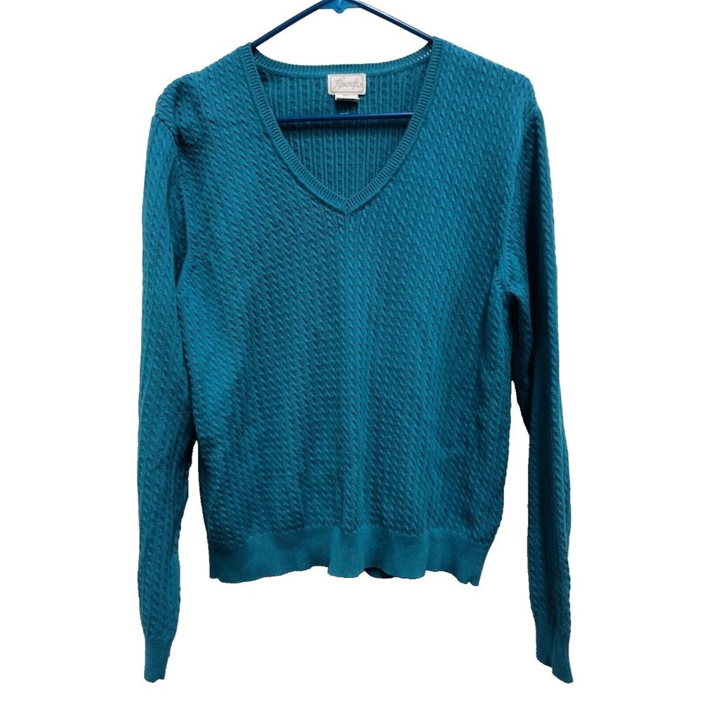 Foxcroft Womens Sweater Size‎ Large Blue Cable Knit V Neck Pullover Preppy
